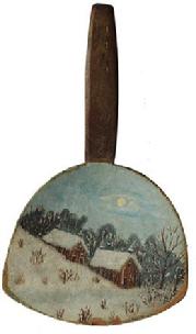 D14 Mid 19th century Wooden butter paddle painted with a winter vignette of a rural landscape, including two buildings, and trees, in the snow .