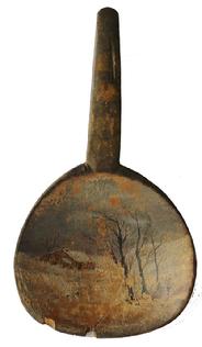 D15 19th century antique treen butter paddle with a desirable folk art hand painted  cabin and trees