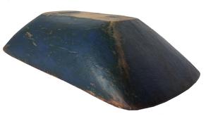 D389 Trencher, Chopping Bowl, Original Blue Paint  19th Century Maple New England  Trencher medium sized hand carved example of a dought Bowl ,in honest paint  9" wide x 18" long x 4 1/2"  tall