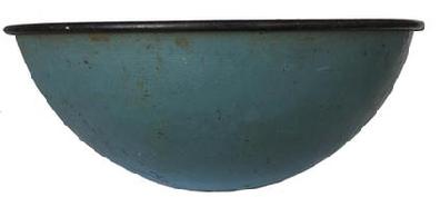 RM763  Unusual metal Bowl with the original robin egg blue painted exterior and black painted interior, found in Ohio mid 19th 