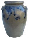 U23 Cobalt  decorated Stoneware jar, Baltimore MD. origin, circa 1850 ovoid Jar with tab handles, decorated with a swag and hanging flowerHandles are also decorated with cobalt swag under each handle 12" tall