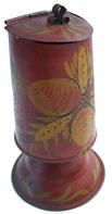 W369 RARE RED TIN TOLEWARE match container,Pennsylvania German  early 19th c., having yellow,  and red foliate and fruit decoration, 5" tall