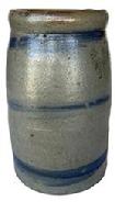 G241 Western Pennsylvania Strip decorated Wax Sealer, circa 1875 straight sided jar with wax sealer rim. decorated with three wide brushed cobalt strips, very good condition,