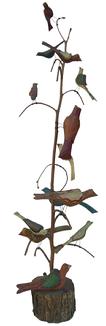 X64 Dan and Barbara Strawser Paint Decorated Bird Tree. Real tree branch has twelve painted bird carvings on wire legs and a single bird mounted on the tree section base(13 birds total). Tree: 36"h., Birds: 4"l. to 7 1/4"l. 