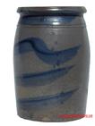 S485 Canning Jar accented with four wide  blue accent stripes across the front. Pennsylvania 81/2" tall x 5 1/2" diameter bottom