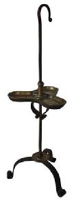 C128 18th Century Brass and Iron Adjustable Table Pan Grease Lamp.  Scrolled  hanging hook, Brass compartmented pan and collar, brass disc  mounted on tripod base with scrolled feet. This is a rare form. 18- 3/8"h. Condition: Good 