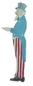 A389 Mid 20th century Folk Art UNCLE SAM , All wood profile of Uncle Sam, used to hold a mailbox that could be  mounted on the wooden  arms of Uncle Sam. C 1918. SIZE: 60" t. CONDITION: Original paint, structurally sound. measurements 76" tall  19" wide 1" 1/2 thick