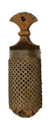 M1166 Small tin grater featuring a coarsely punched tin grating panel attached to a shaped wooden back with a decorative carved fan at the top and chip carved accents on both top and bottom. Hole in top for hanging purposes. Natural surface with great patina throughout. Circa 1880s-1900. Measurements: 2 1/8� wide x 2� deep x 7 3/8� tall/long. 