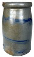 S634 Strip decorated Stoneware wax sealer, PA. origin circa 1870 decorated with three brush cobalt  strips Measurements are: * 1/4" tall x 5 3/4" diameter bottom