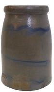 S634 Strip decorated Stoneware wax sealer, PA. origin circa 1870 decorated with three brush cobalt  strips Measurements are: * 1/4" tall x 5 3/4" diameter bottom