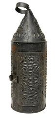 M201 Nice! Very early 19th century punched tin Lantern, with original dry black painted surface. Hinged door opens for easy access to interior candle socket � which is cleated through the bottom. Attached round tin handle at top. Circa 1800.