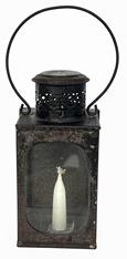 J304 Diminutive tin lantern bearing its original black painted surface with decorative cut out vents encircling the top. This wonderful small sized lantern features a tall, rounded wire bale handle with three glass sides and sliding metal door on back that raises for access to candle holder inside. Measurements:  2 3/8� x 2 ½� square x 4 7/8� tall. (With handle up it is 6 ½� tall.)