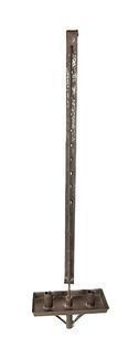 L238 Early 19th century adjustable tin hanging double candle holder with nicely rolled edges and secure solder joints throughout. Drip pan measures 8 3/8 x 3 5/8 and it extends from 31 ½ to 52 ½ tall.