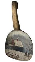 D680 19th century Folk Art  Butter Paddle with hand painted scene of cabin in the snow excellent condition   (9 1/2" x 5 1/2"