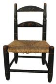 B493 Mid 19th century Ladder back Child's Chair with the original black paint, decorated with flowers, original rush seat , 