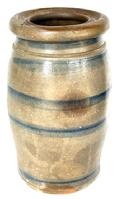 **SOLD** M122 19th century Western Pennsylvania region Wax Sealer canning crock with five wide cobalt blue stripes decorating the front. Circa 1875. Slightly tapered sides with wax sealer rim. Measurements: 4 ½ top diameter x 8 ½ tall.