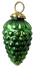 G891 Green Grapes Kugel ornament. This hand blown mercury glass ornament measures approximately 3 1/2" long.  A gorgeous shade of green shade with stunning detail. The green color is achieved by adding trace amounts of metal (iron) to the molten glass before it is blown into shape. 
