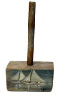 M1156 Early handmade solid wooden Mallet bearing hand painted Sailboats. Signed by artist in lower right corner.