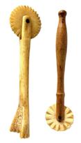 M24 Group of two (2) Sailor made Pie Crimpers with Scrimshaw Whalebone crimper wheels. One has a whale bone handle that is dated 1903 with the initials J S on the opposite side of handle and the second crimper has a delicately turned wood handle. The solid whale bone one measures 5 ¼ long with a 1 ½ diameter wheel. The one with wooden handle measures 5 long with the wheel being 1 ¼ diameter.