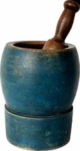 **SOLD** RM1441 19th Century Mortar and Pestle in beautiful blue paint.  The paint is dry early indigo blue and it has a nice deep extended base. The mortar is 8" tall x 5 1/2" diameter.  - the pestle measures 9 1/2" long.  