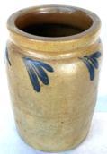 F742 Small Baltimore Crock , Stoneware Jar with Cobalt Floral Decoration, Baltimore, MD origin, circa 1875, cylindrical jar decorated with a cobalt clover on the front and back good condition