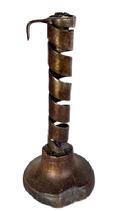 L408C Late 18th century early 19th century Courting Candlestick constructed of spiraled forged iron with iron finger hold, mounted into a turned wooden base. Great original surface with dark patina to the wood. Approximate measurements: ~ 3 3/8 x 3 ½ diameter base x ~8 tall.