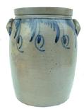 R170 Five-Gallon  Stoneware Jar with Elaborate cobalt  decoration, Baltimore Maryland origin cira 1860. This is a beauty, with the draping flower decoration in the front and finger decorated around the top on the back  15 1/2" tall