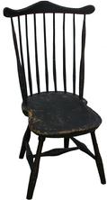 S574  New England Fan Back Windsor Chair, early black paint with red pin striping,  7 spindles forming Fan support. Sausages turned legs joined by H stretcher support the seat, circa 1790 -1800  signed P.P. underneath. Measures  seat to the floor 15 1/2" back 36 1/4" tall