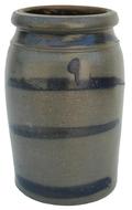*SOLD* V268  Pennsylvania  Strip decorated Wax Sealer,circa 1875 straight sided jar with wax sealer rim. decorated with four wide brushed cobalt strips,very good condition, no chips or cracks  8 1/2" tall x 5" wide