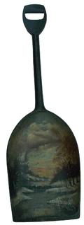 Y251 Late 19th century . one-piece hand-hewn wooden shovel in an overall black paint, interior decorated with a winter landscape depicting a r a stream, with trees and colorful sky 