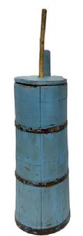 **SOLD** M244 19th century wooden Butter Churn retaining early blue paint. Staved sides secured with metal bands and notched handmade wooden lid that fits snug around the top handle. The round plunger bottom with holes is attached to the shaft and all parts are original. You can see the wear from usage along the shaft of the plunger. Circa late 1800s. The churn body is 22 tall (25 tall to top of handle) x 8 ½ 9 diameter at the bottom and 8 at the top. Total height with the plunger is ~29 ½.