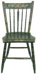 X208 S Pennsylvania painted plank seat chair, 19th c., retaining it's original vibrant green and black smoke decorated surface with a floral crest.