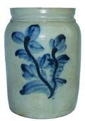 W365   Cobalt blue decorated stoneware 1 1/2 gallon  Jar,  beautiful decorate with two stem flower, on the back of the crock is 1 1/2 gallon , near mint condition, 1850 Measurements are  6" diameter x 8 1/2" tall  