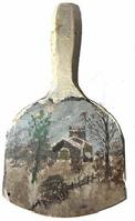 H486 � 19th century hand painted wooden butter paddle depicting trees and a fence surrounding a Church with snowcapped roof. Unsigned. 