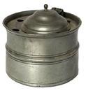 L268 18th century Pewter ink well fitted with six quill holes and hinged lid covering the area where a removeable porcelain insert ink pot would sit (missing). Flared rim with tapered sides boasting decorative incised rings above and below a raised embossed center ring. Circa 1780s – 1800. Measurements: 3 7/8” diameter x 2 5/8” tall.
