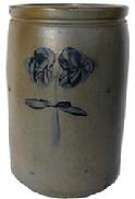 B590 Two Gallon Stoneware Jar with very unusual Cobalt Floral Decoration, Stamped 2 gallon, Baltimore, MD origin, circa 1875, decorated with a large cobalt tulip on the front and back. 12" tall x 8 diameter Otherwise excellent condition