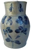 X28 Peter Herrmann Crock Pitcher, One Gallon Cobalt-Decorated Stoneware Pitcher,Baltimore, MD origin, circa 1875, ovoid-bodied pitcher with tooled rim and applied strap handle, decorated with a large brushed cobalt flower decorated , Excellent condition.  10 1/4? tall