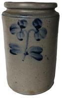 E411 Stoneware Jar with Cobalt Clover Decoration, Baltimore, MD, circa 1875, cylindrical jar with tooled shoulder and semi-squared rim
