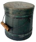 F450 Small 19th century New England green painted wooden Firkin, the sides are surrounded by simple metal bands, secured by small copper tacks.