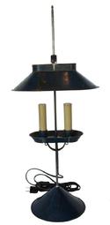 B578 Jeremy Martin tin student lamp  adjustable lampwith old blue paint, with two electrified candles and signed �JM� on base,