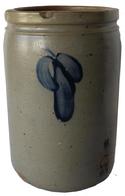 B592  19th century  Baltimore Stoneware, crock  a one-gallon crock with very large cobalt clover decoration on the front and back small chip on rim