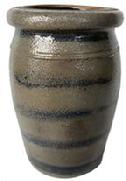 G452 19th century 8" tall stoneware canning jar, from Western PA. It has five cobalt blue stripes that were laid on by a heavy thumb painting .GREAT BLUE COBALT DECORATED STRIPER WAX SEALER STONEWARE CANNING JAR