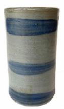 **Sold**G872 WESTERN PENNSYLVANIA DECORATED STONEWARE CANNER CROCK, approximately one-quart capacity, tall cylindrical form with grooved wax-seal rim, Albany-slip glazed interior. Brushed cobalt three-stripe decoration.