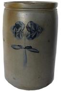 B590 Two Gallon Stoneware Jar with very unusual Cobalt Floral Decoration, Stamped 2 gallon, Baltimore, MD origin, circa 1875, decorated with a large cobalt tulip on the front and back. 12" tall x 8� diameter Otherwise excellent condition