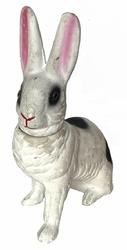 J50C Easter Candy Container - Rabbit in normal sitting pose. Made of a Composite material (not flocked). White with black spots and bright pink ears. Removable head with glass eyes. 