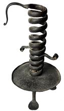 *SOLD* J371 18th century rare style Tri-Footed hand forged iron courting Candlestick with iron finger hold and raised drip pan resting on sturdy pad / penny feet. The center of the spiral bears a candle socket with double iron curlicues attached and is adjustable by twisting the iron curlicues around the spiral until the desired height of the candle is achieved. Very sturdy, sits level and is in great working condition. Measurements:  Drip pan is 4 ¾� diameter and the overall height is 8 ¾� tall