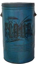 X 51 Country Store 19th century "fLOUR" tin [covered store bin or canister in blue paint with stenciling]. circa 1850-1900