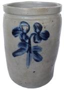 B579 Stoneware Jar Peter Herrmann  with Cobalt Floral Decoration, Baltimore, MD origin, circa 1875, cylindrical jar  decorated with acobalt clover on the front and back good condition 