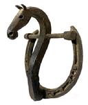 **SOLD** M328 Unique early horseshoe and hand forged wrought iron figural horse door knocker. Detailed face and ears. Measurements: 5 7/8� wide x 3 &frac34;� deep x 6 &frac12;� tall. 