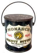 H116 Monarch Peanut Butter Teenie Weenie Advertising Tin or Pail with lid, 1 pound size, lithograph tin 
